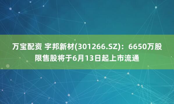 万宝配资 宇邦新材(301266.SZ)：6650万股限售股将于6月13日起上市流通